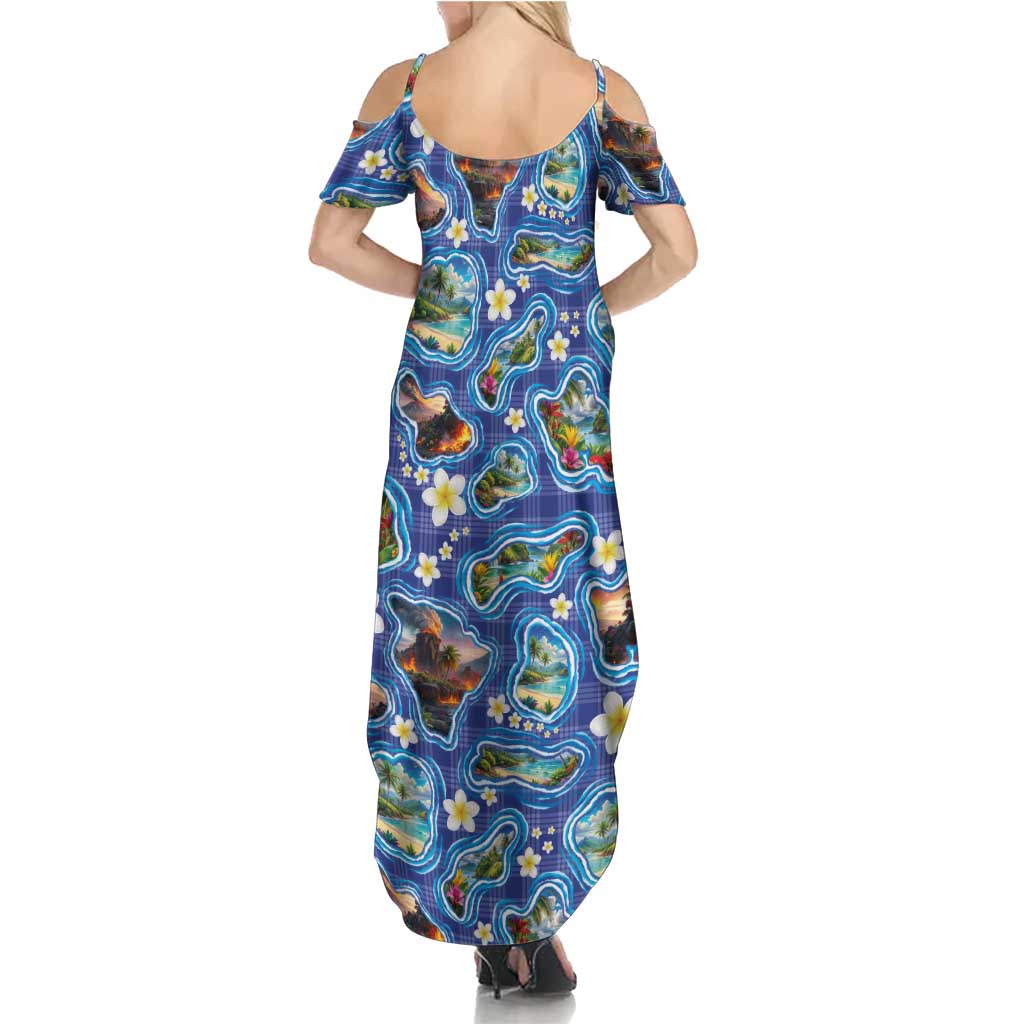 Hawaiian Island Shapes-Iconic Landscape Summer Maxi Dress with Plumeria and Palaka Blue Color