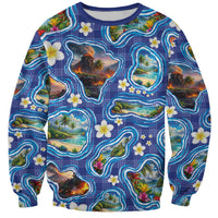 Hawaiian Island Shapes-Iconic Landscape Sweatshirt with Plumeria and Palaka Blue Color LT03 Unisex Blue - Polynesian Pride