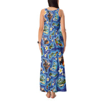 Hawaiian Island Shapes-Iconic Landscape Tank Maxi Dress with Plumeria and Palaka Blue Color