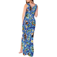 Hawaiian Island Shapes-Iconic Landscape Tank Maxi Dress with Plumeria and Palaka Blue Color