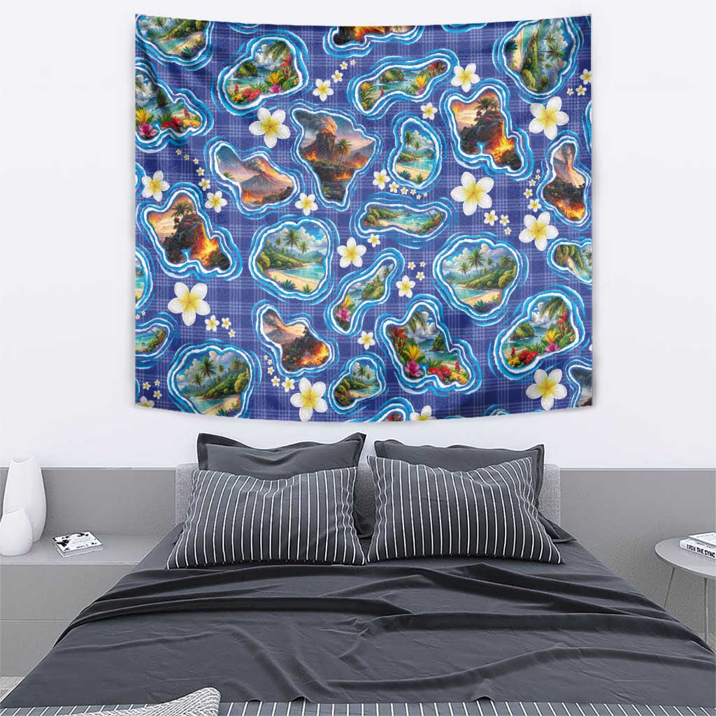 Hawaiian Island Shapes-Iconic Landscape Tapestry with Plumeria and Palaka Blue Color