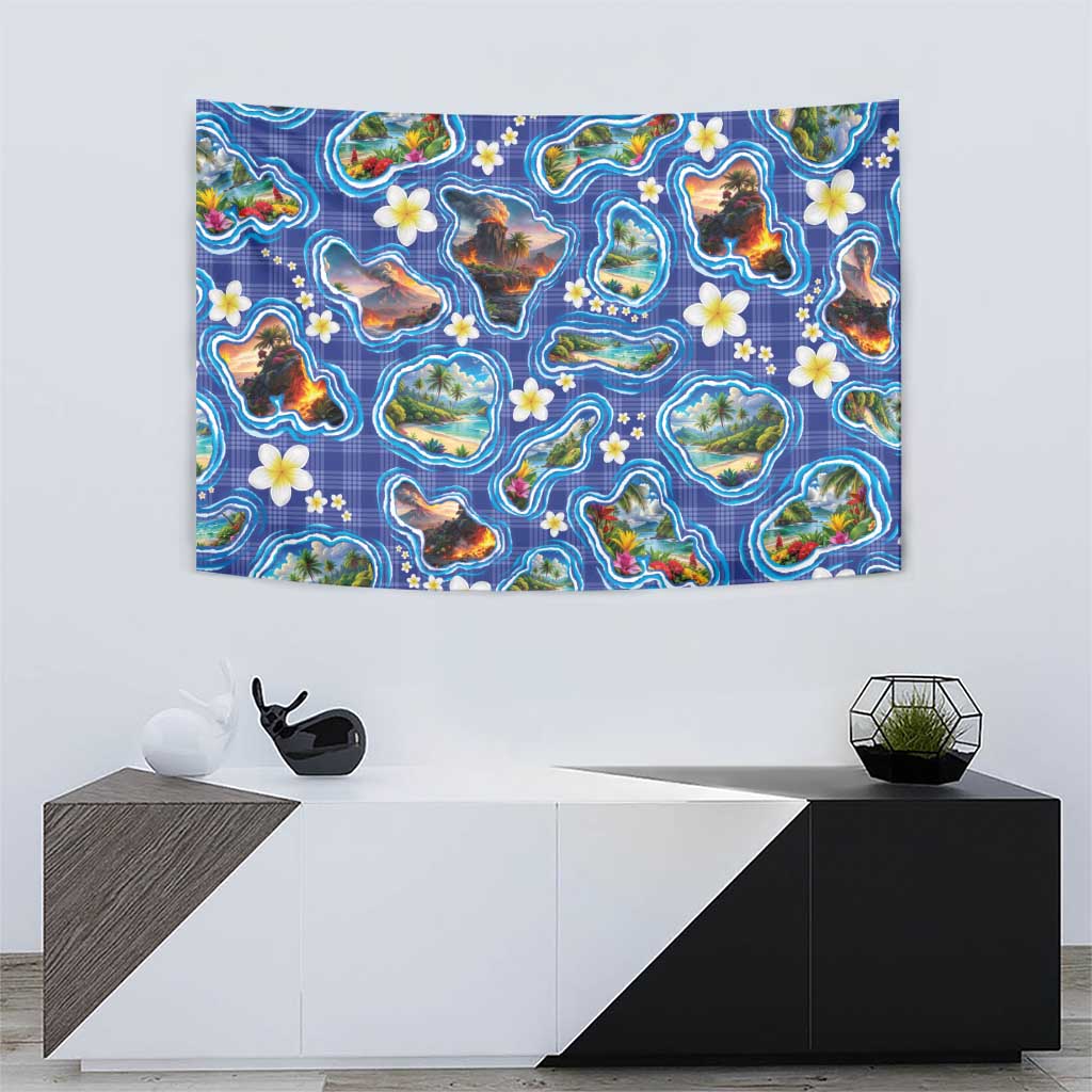 Hawaiian Island Shapes-Iconic Landscape Tapestry with Plumeria and Palaka Blue Color