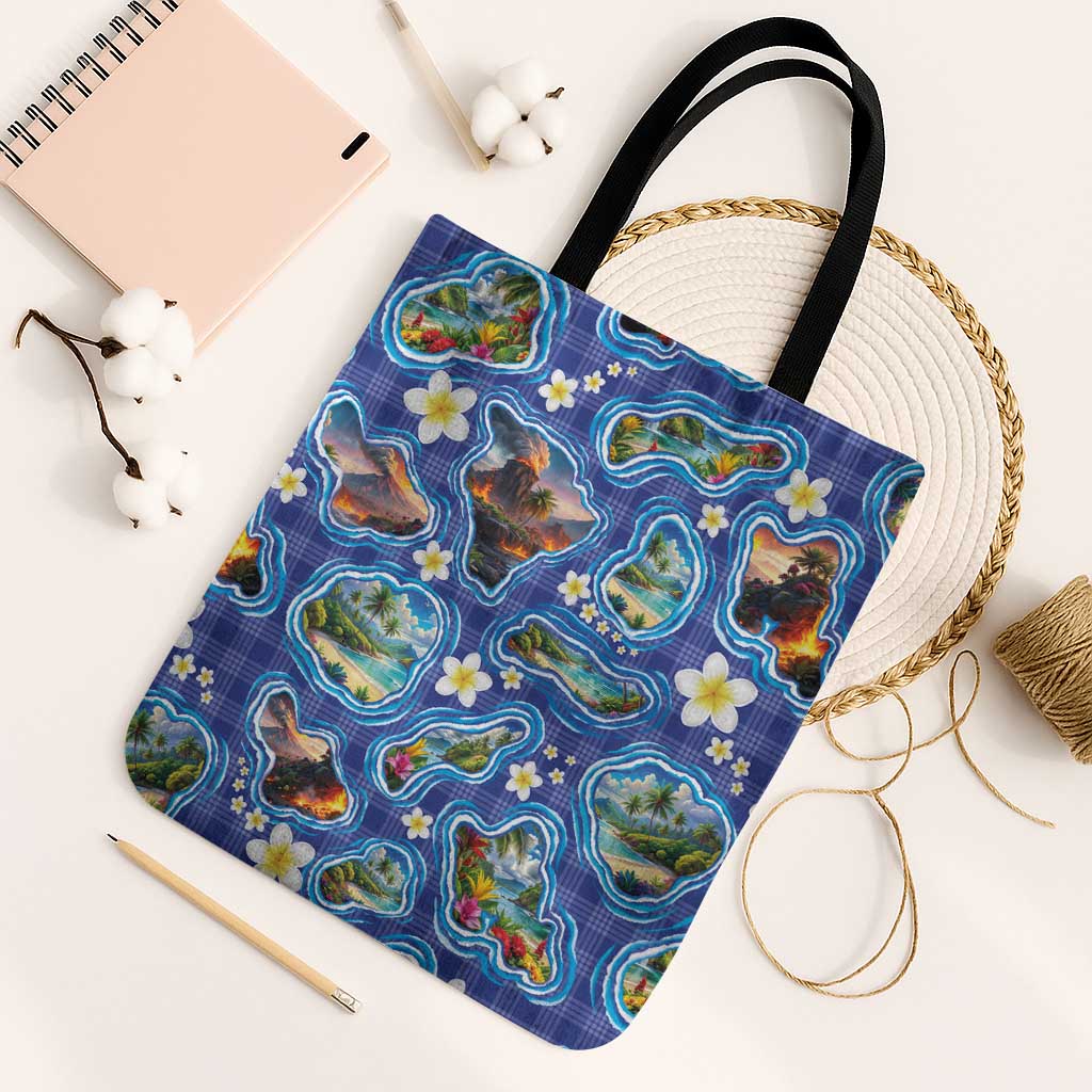 Hawaiian Island Shapes-Iconic Landscape Tote Bag with Plumeria and Palaka Blue Color