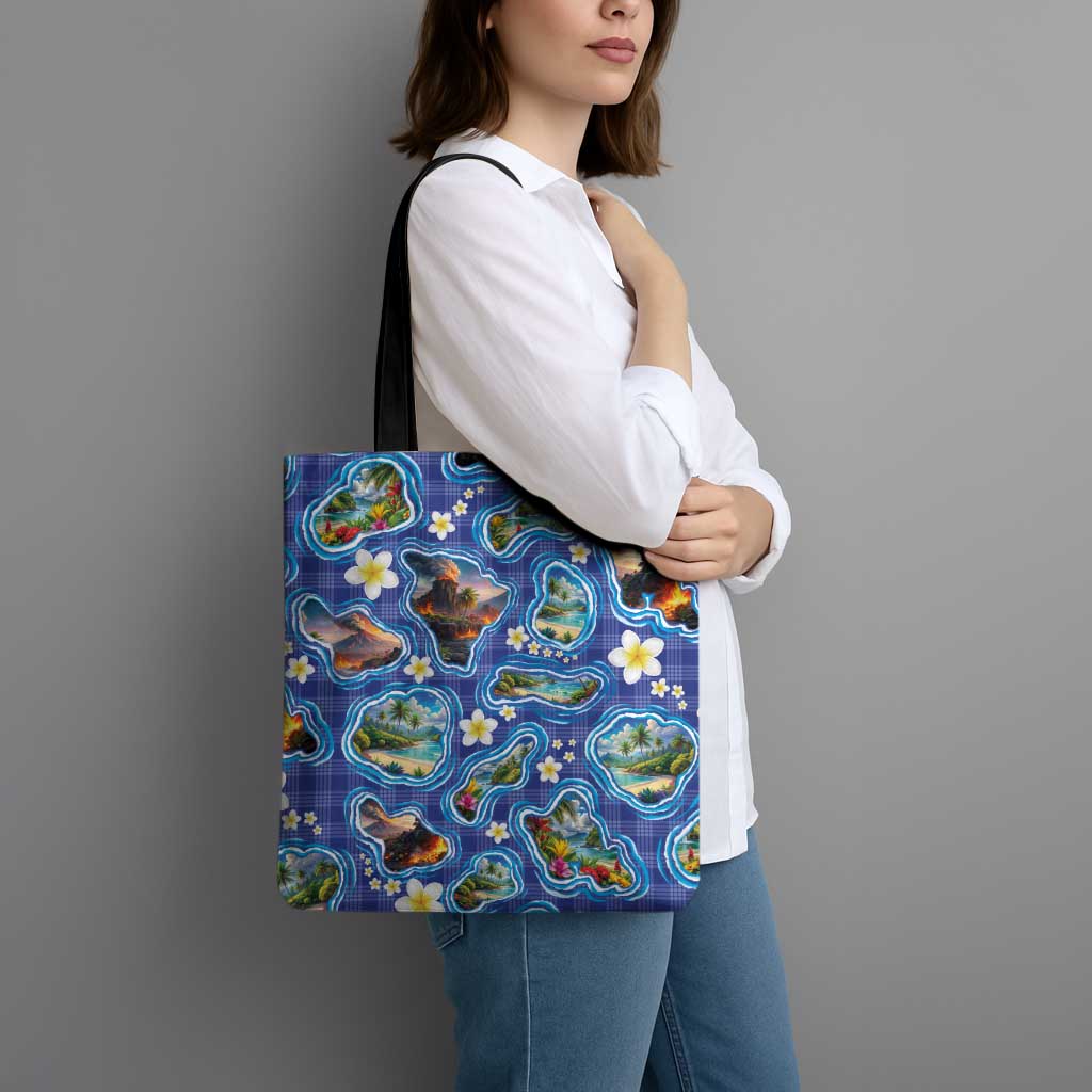 Hawaiian Island Shapes-Iconic Landscape Tote Bag with Plumeria and Palaka Blue Color