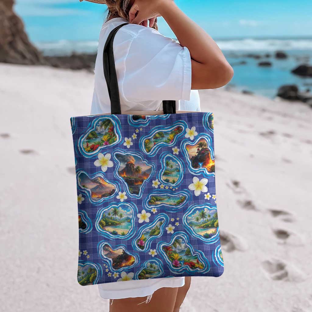 Hawaiian Island Shapes-Iconic Landscape Tote Bag with Plumeria and Palaka Blue Color