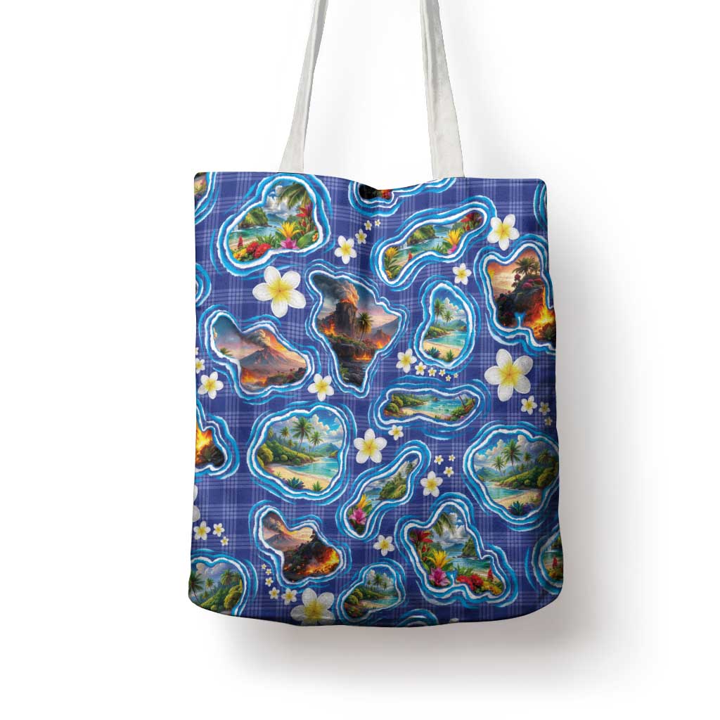 Hawaiian Island Shapes-Iconic Landscape Tote Bag with Plumeria and Palaka Blue Color