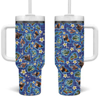 Hawaiian Island Shapes-Iconic Landscape Tumbler With Handle with Plumeria and Palaka Blue Color