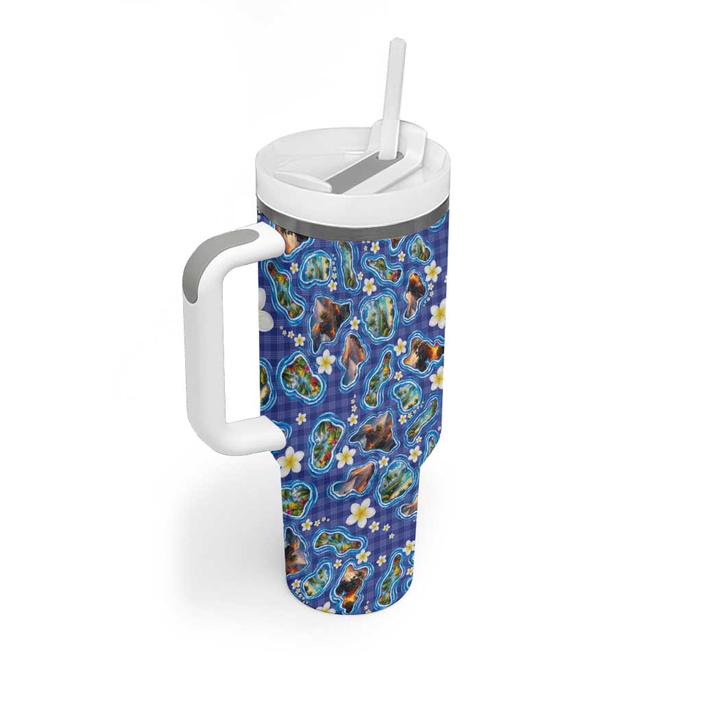 Hawaiian Island Shapes-Iconic Landscape Tumbler With Handle with Plumeria and Palaka Blue Color