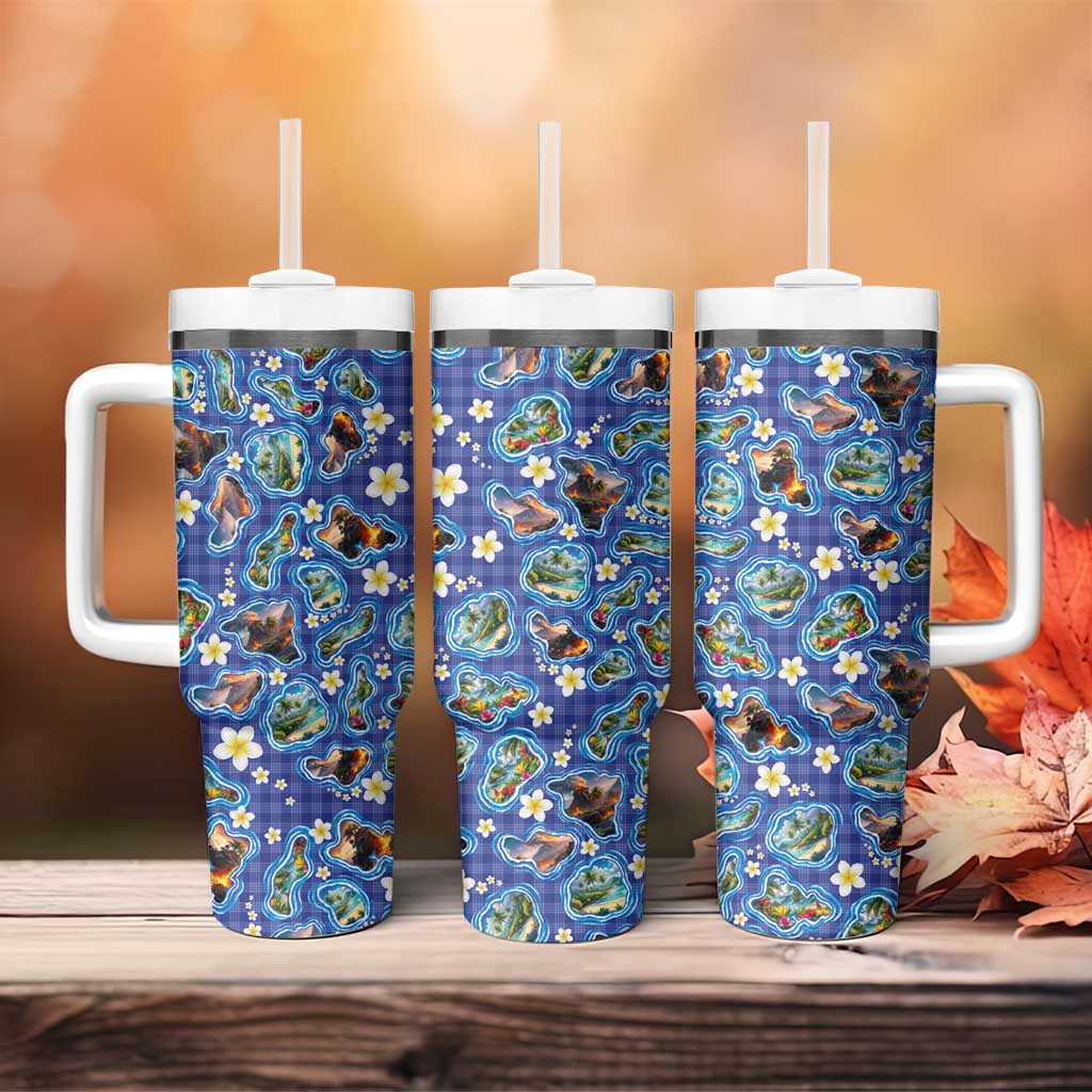 Hawaiian Island Shapes-Iconic Landscape Tumbler With Handle with Plumeria and Palaka Blue Color