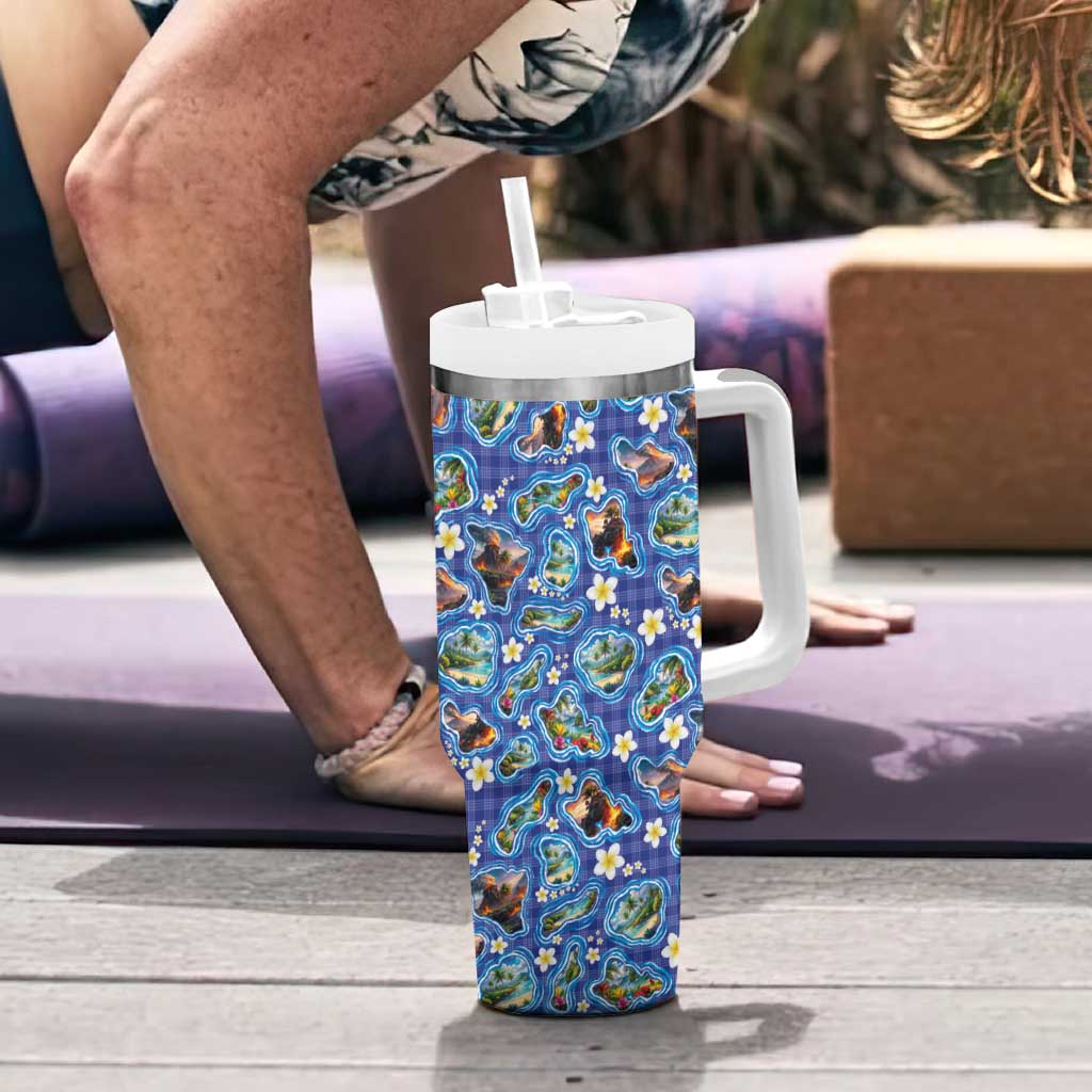 Hawaiian Island Shapes-Iconic Landscape Tumbler With Handle with Plumeria and Palaka Blue Color