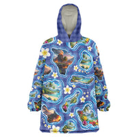 Hawaiian Island Shapes-Iconic Landscape Wearable Blanket Hoodie with Plumeria and Palaka Blue Color
