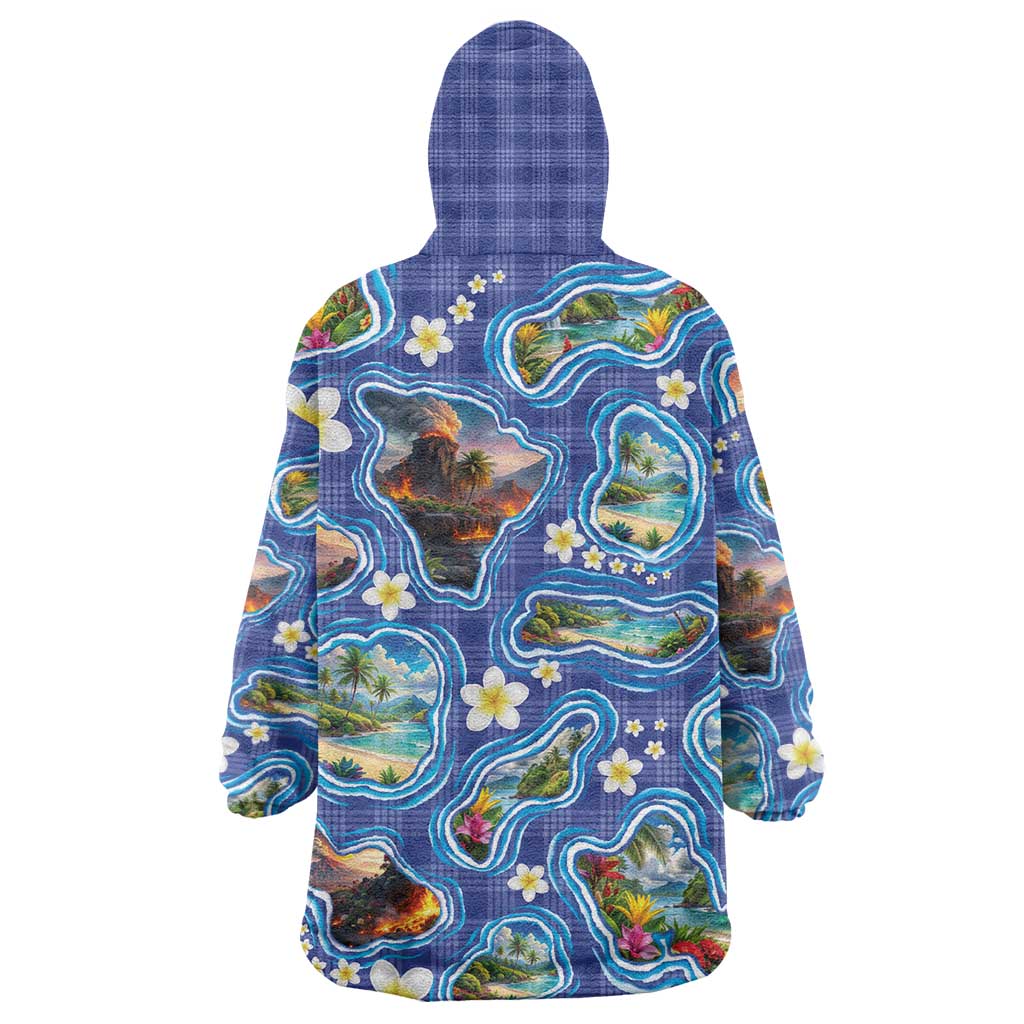Hawaiian Island Shapes-Iconic Landscape Wearable Blanket Hoodie with Plumeria and Palaka Blue Color