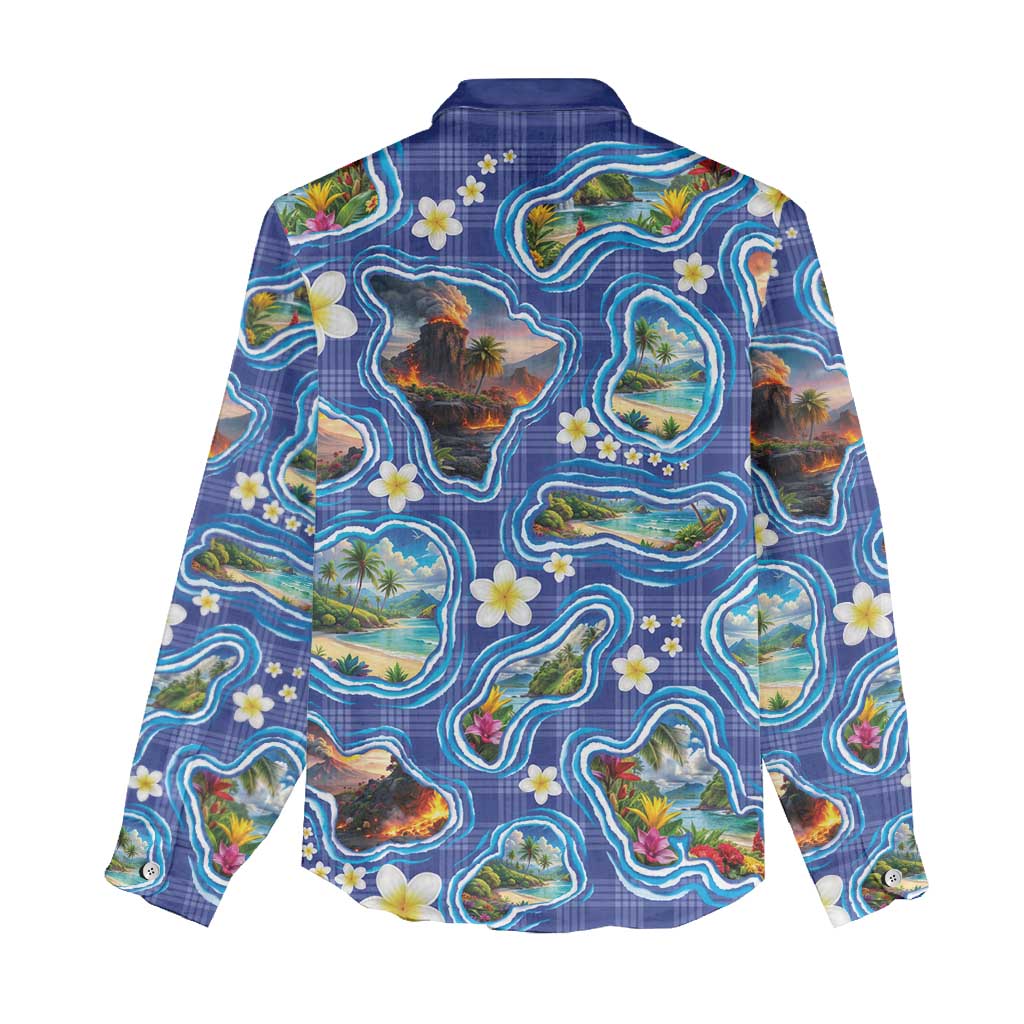 Hawaiian Island Shapes-Iconic Landscape Women Casual Shirt with Plumeria and Palaka Blue Color