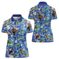 Hawaiian Island Shapes-Iconic Landscape Women Polo Shirt with Plumeria and Palaka Blue Color