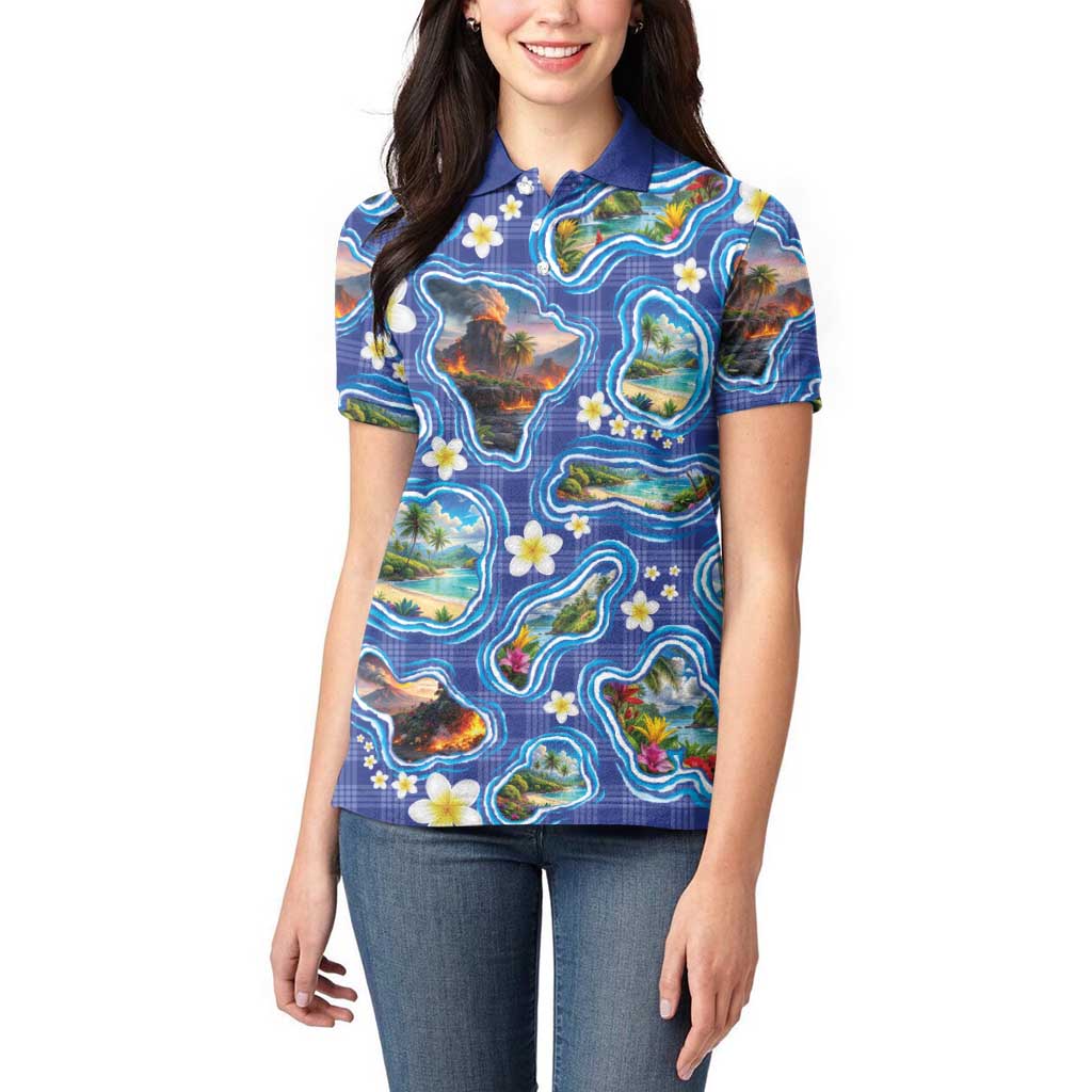 Hawaiian Island Shapes-Iconic Landscape Women Polo Shirt with Plumeria and Palaka Blue Color