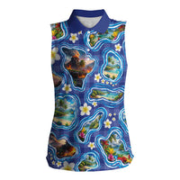 Hawaiian Island Shapes-Iconic Landscape Women Sleeveless Polo Shirt with Plumeria and Palaka Blue Color