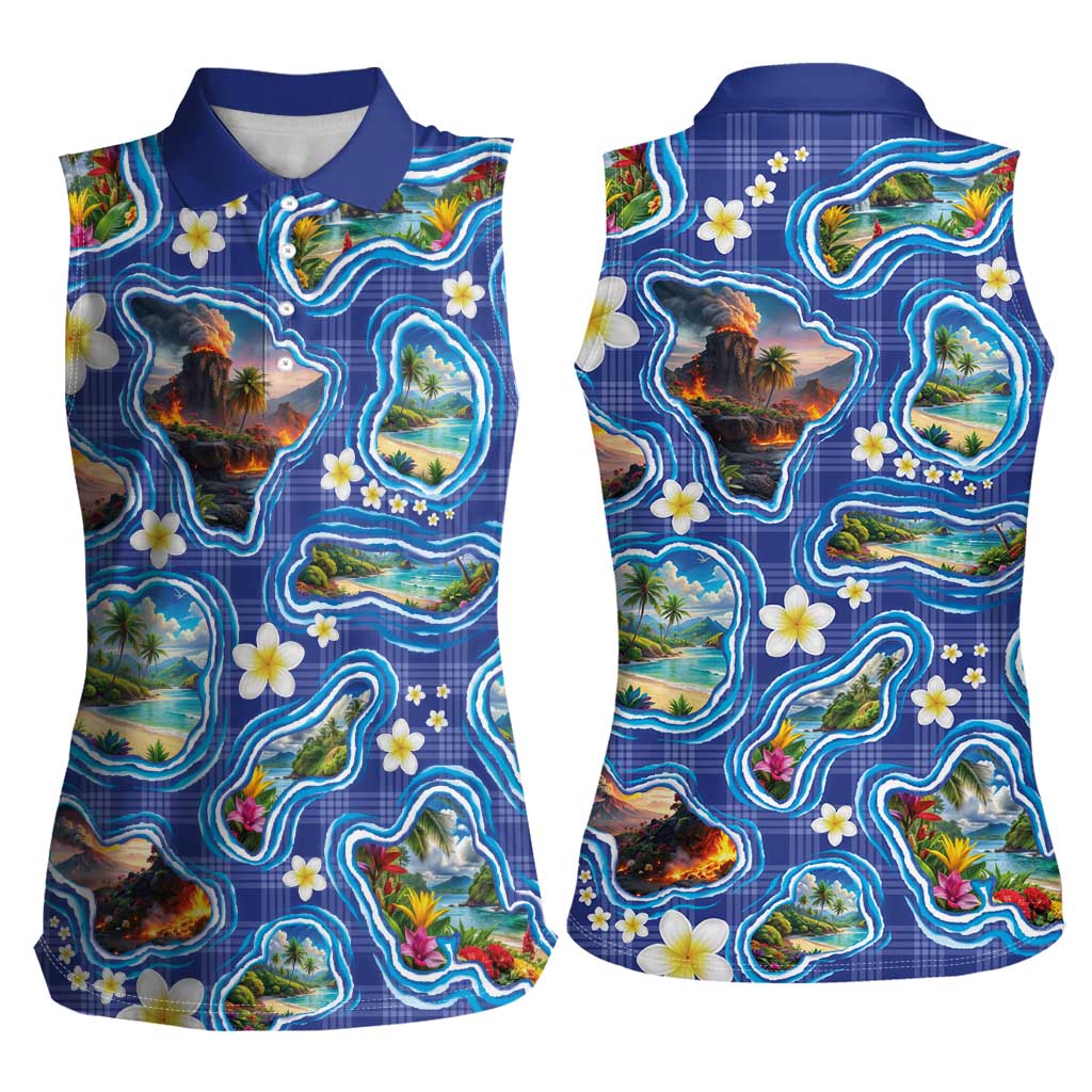 Hawaiian Island Shapes-Iconic Landscape Women Sleeveless Polo Shirt with Plumeria and Palaka Blue Color