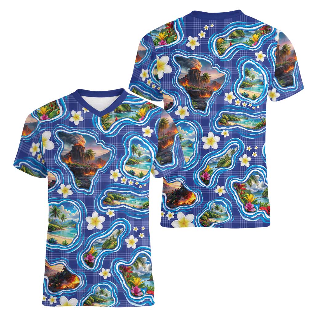 Hawaiian Island Shapes-Iconic Landscape Women V-Neck T-Shirt with Plumeria and Palaka Blue Color