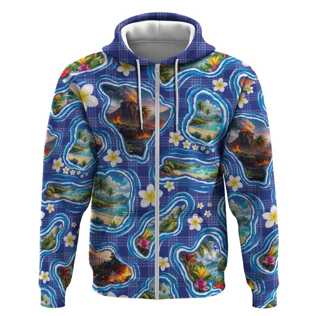Hawaiian Island Shapes-Iconic Landscape Zip Hoodie with Plumeria and Palaka Blue Color