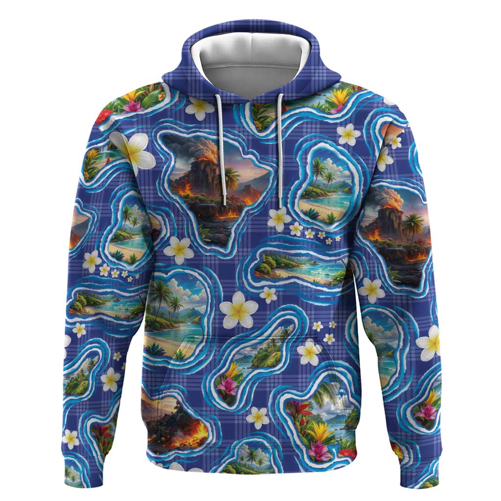 Hawaiian Island Shapes-Iconic Landscape Zip Hoodie with Plumeria and Palaka Blue Color