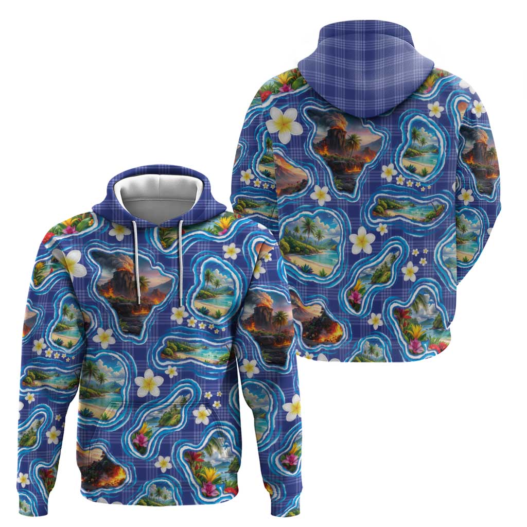 Hawaiian Island Shapes-Iconic Landscape Zip Hoodie with Plumeria and Palaka Blue Color
