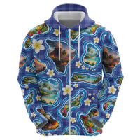 Hawaiian Island Shapes-Iconic Landscape Zip Hoodie with Plumeria and Palaka Blue Color