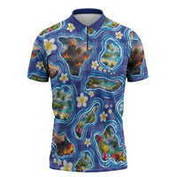 Hawaiian Island Shapes-Iconic Landscape Zipper Polo Shirt with Plumeria and Palaka Blue Color