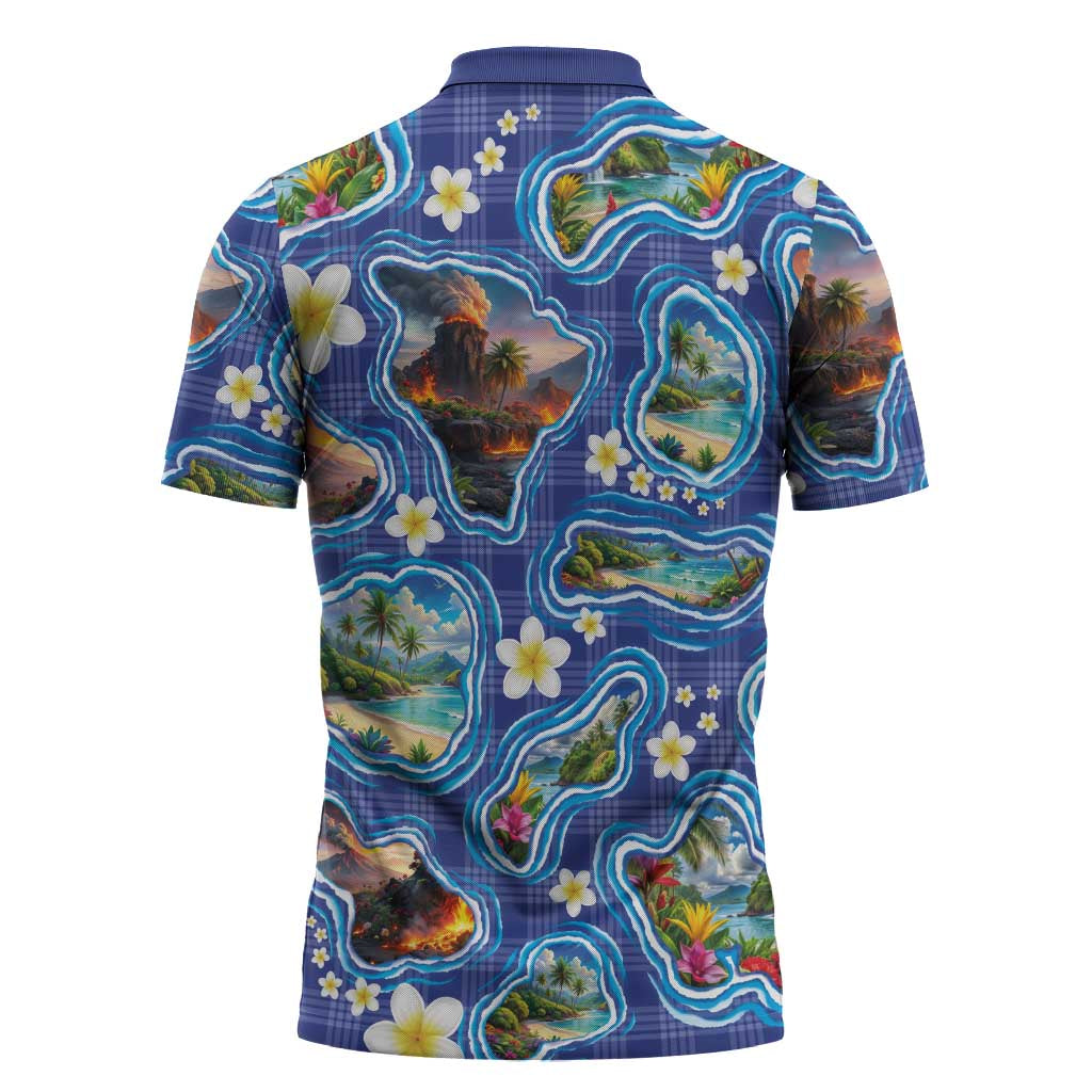 Hawaiian Island Shapes-Iconic Landscape Zipper Polo Shirt with Plumeria and Palaka Blue Color