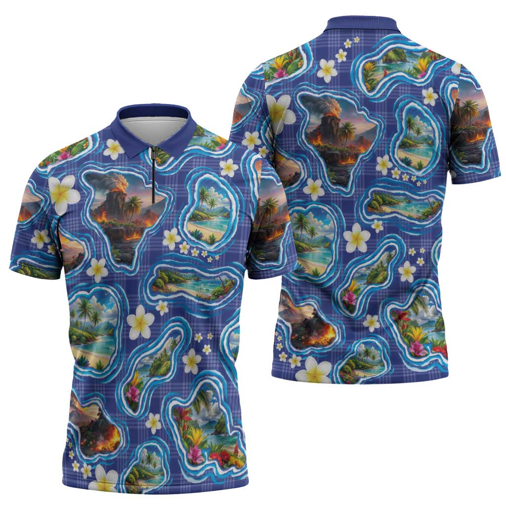 Hawaiian Island Shapes-Iconic Landscape Zipper Polo Shirt with Plumeria and Palaka Blue Color