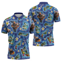 Hawaiian Island Shapes-Iconic Landscape Zipper Polo Shirt with Plumeria and Palaka Blue Color