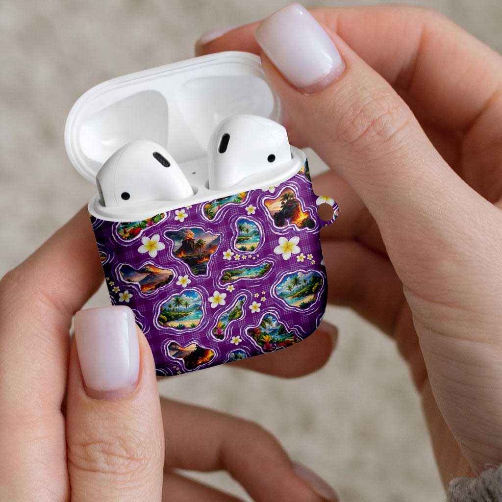 Hawaiian Island Shapes-Iconic Landscape AirPods Case with Plumeria and Palaka Purple Color
