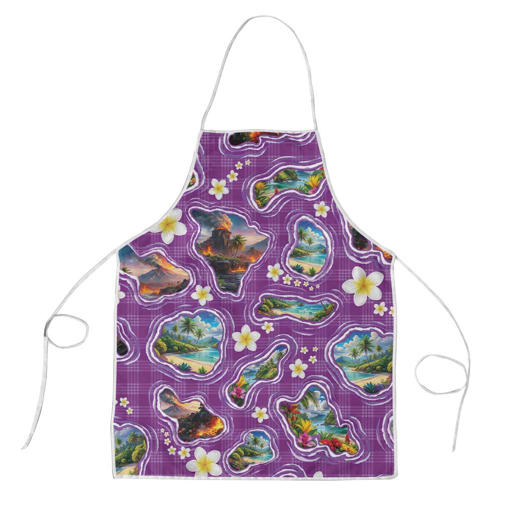 Hawaiian Island Shapes-Iconic Landscape Apron with Plumeria and Palaka Purple Color