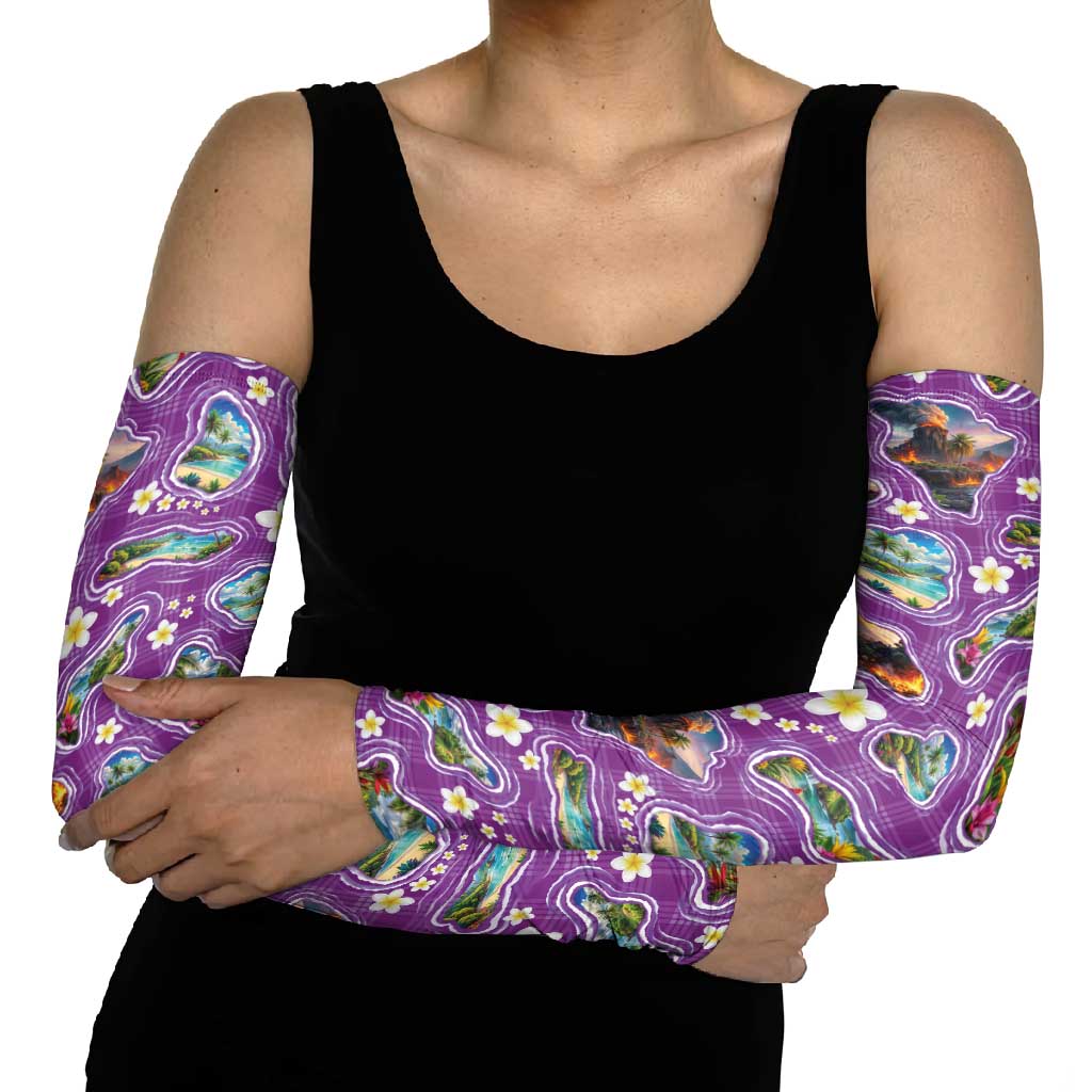 Hawaiian Island Shapes-Iconic Landscape Arm Sleeves with Plumeria and Palaka Purple Color
