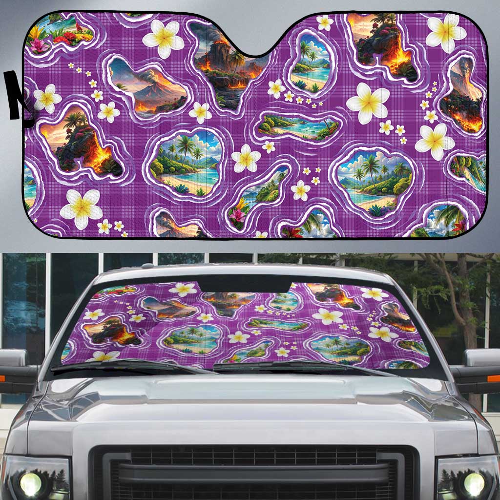 Hawaiian Island Shapes-Iconic Landscape Auto Sun Shade with Plumeria and Palaka Purple Color