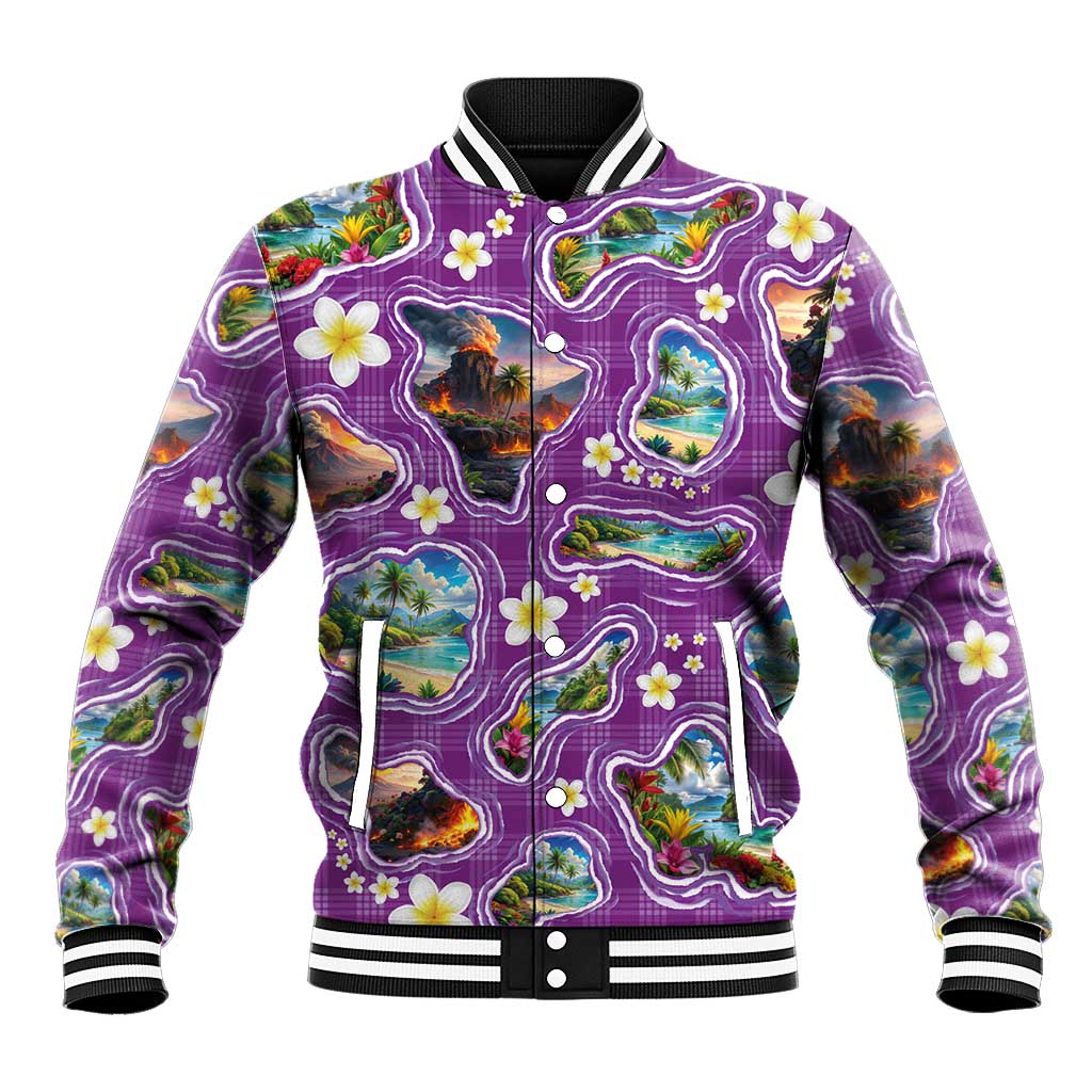 Hawaiian Island Shapes-Iconic Landscape Baseball Jacket with Plumeria and Palaka Purple Color