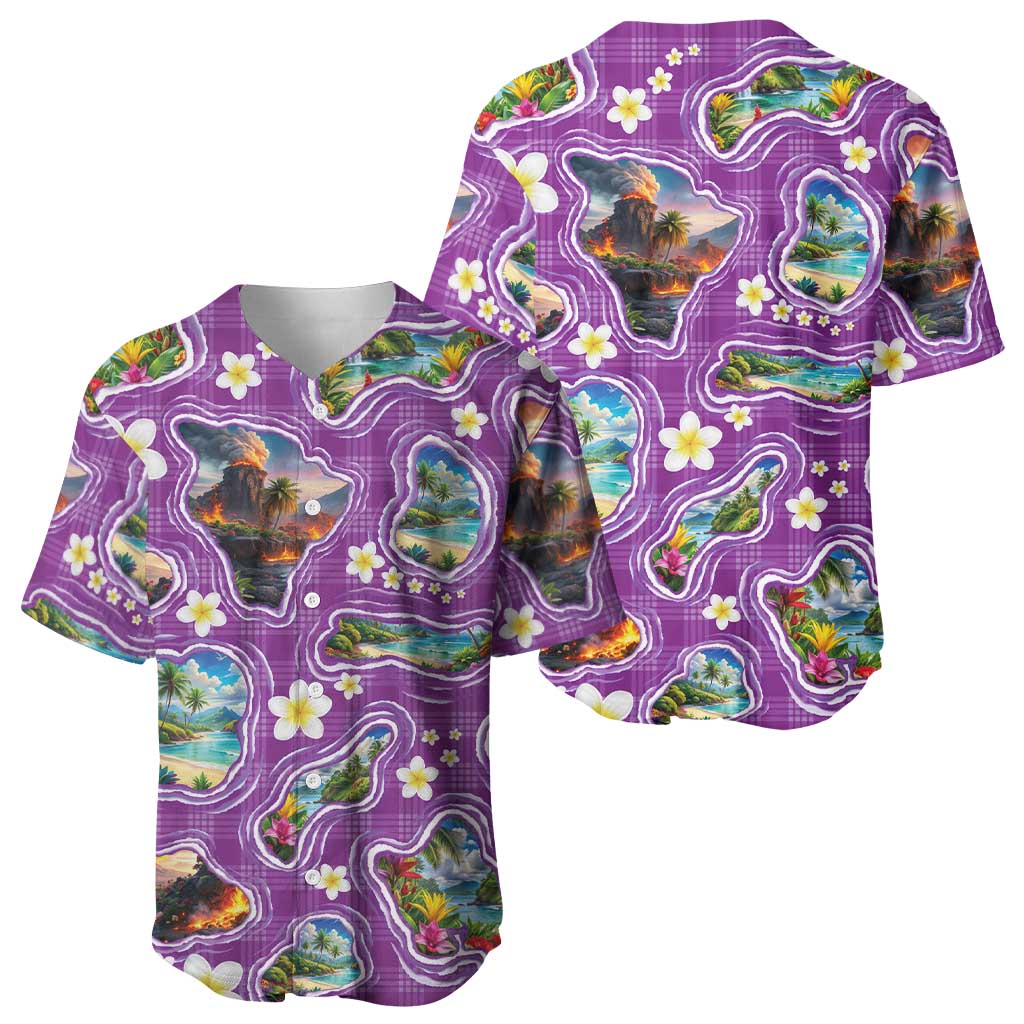Hawaiian Island Shapes-Iconic Landscape Baseball Jersey with Plumeria and Palaka Purple Color