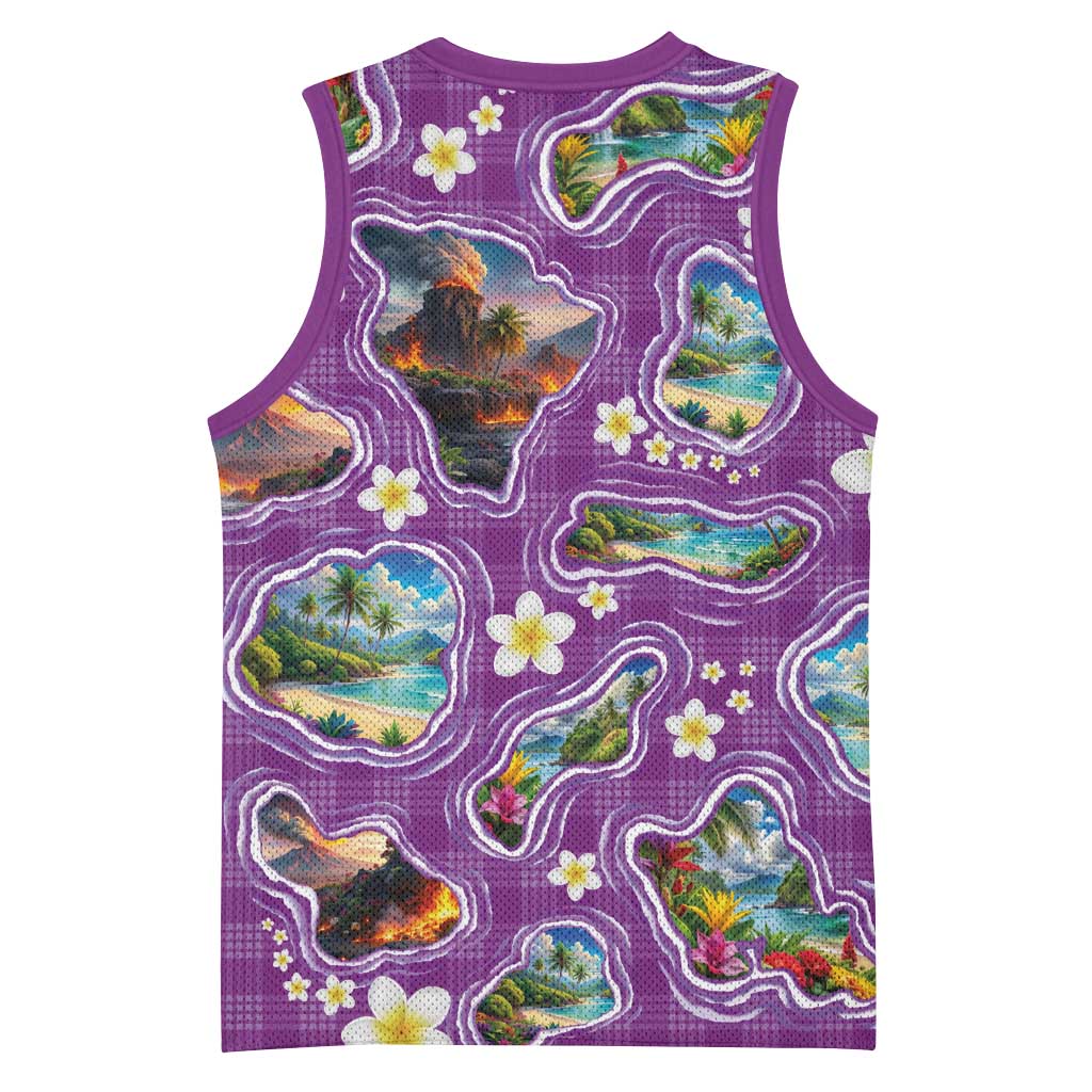Hawaiian Island Shapes-Iconic Landscape Basketball Jersey with Plumeria and Palaka Purple Color