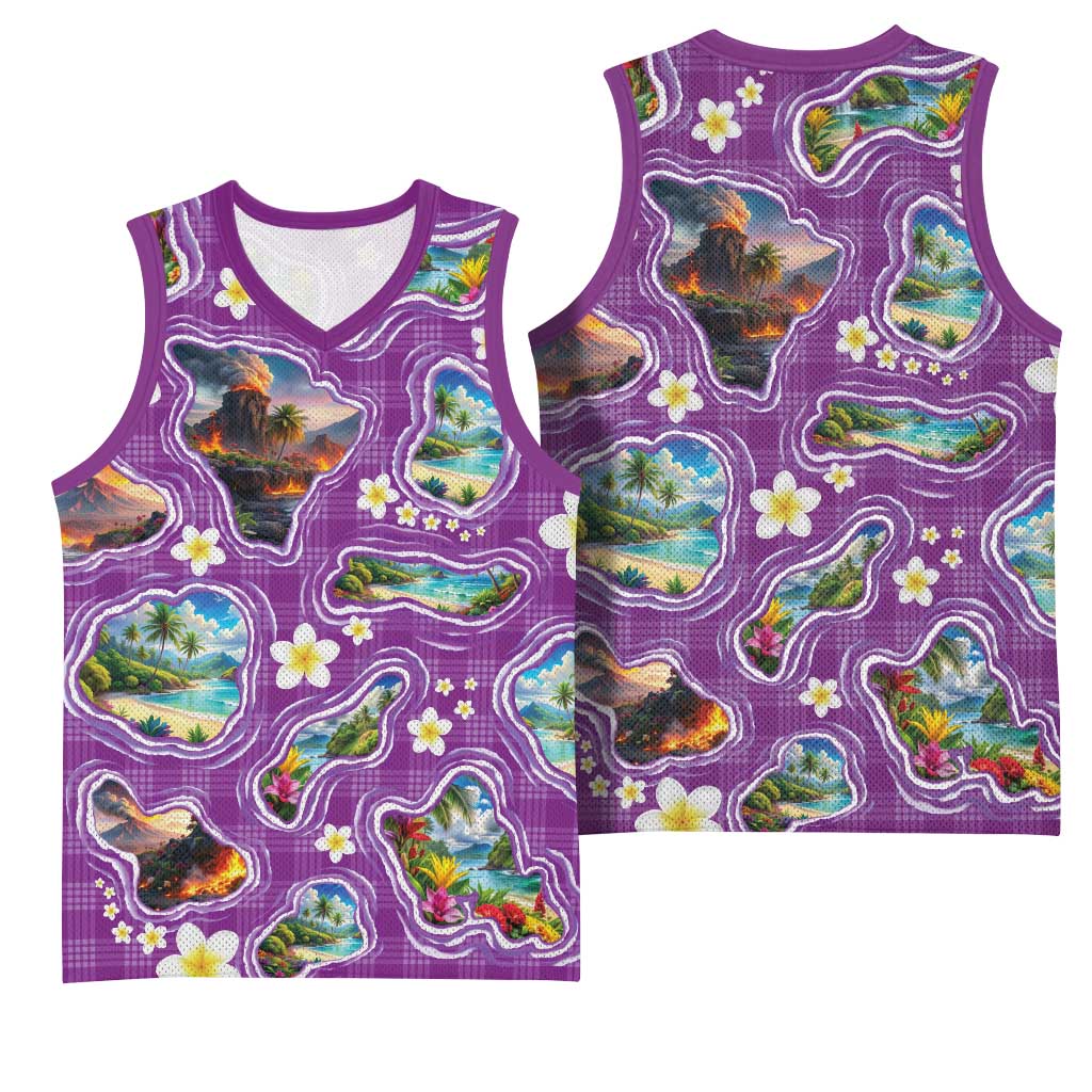 Hawaiian Island Shapes-Iconic Landscape Basketball Jersey with Plumeria and Palaka Purple Color