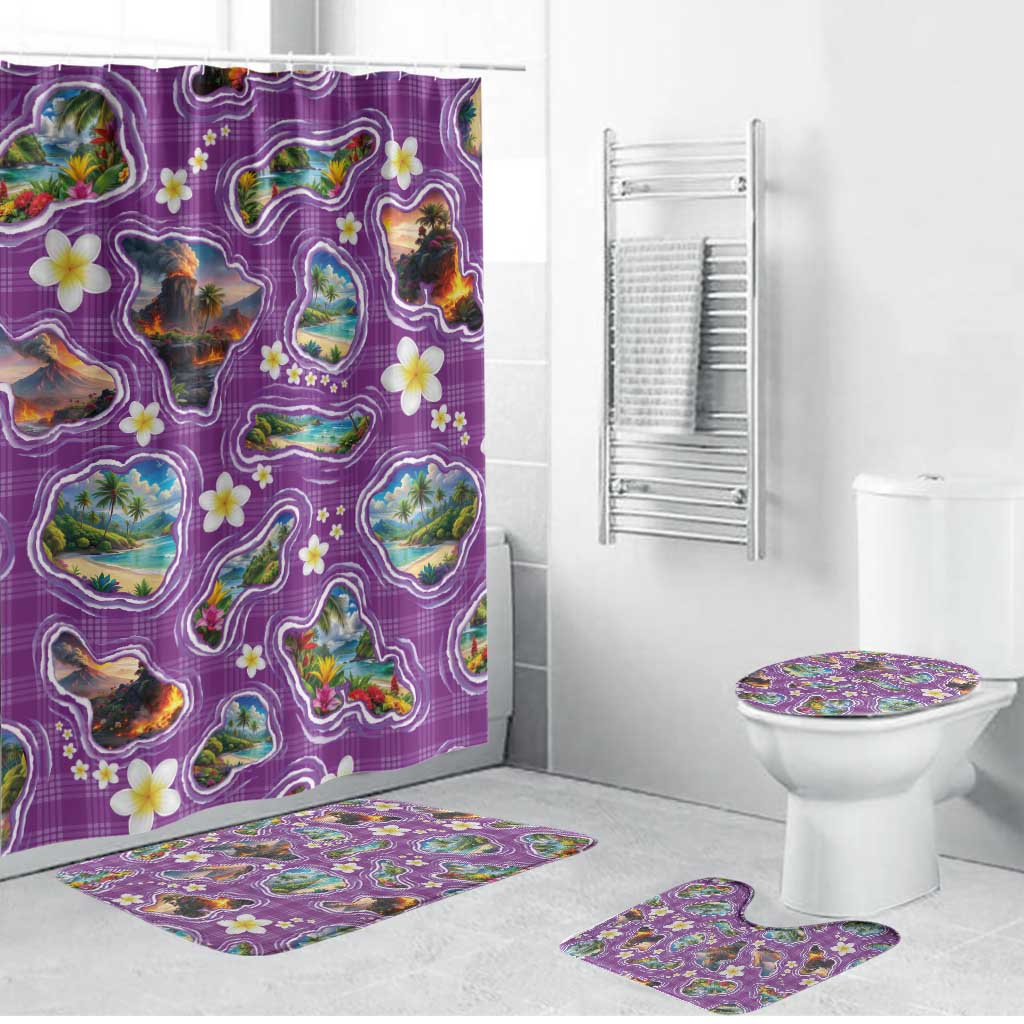 Hawaiian Island Shapes-Iconic Landscape Bathroom Set with Plumeria and Palaka Purple Color