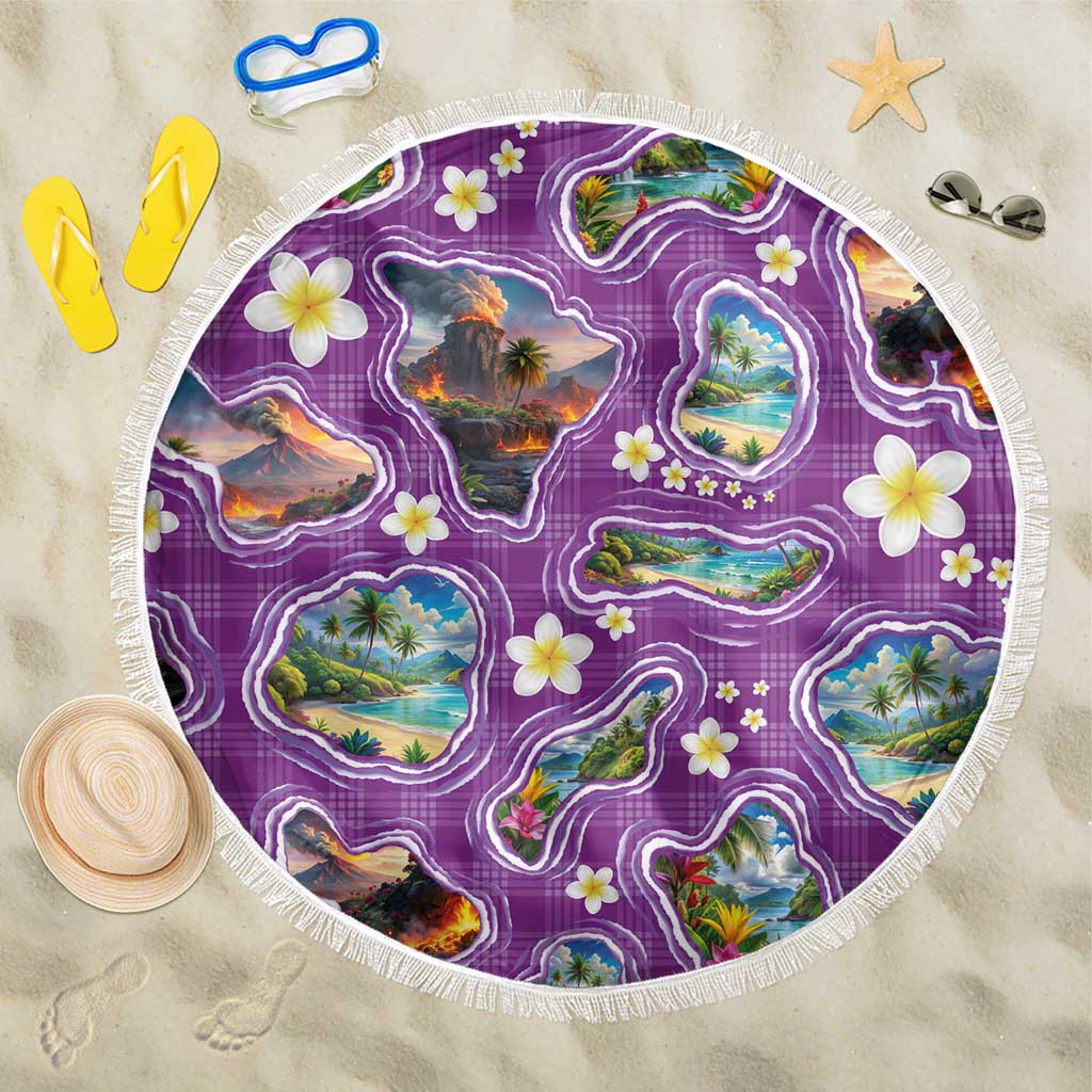 Hawaiian Island Shapes-Iconic Landscape Beach Blanket with Plumeria and Palaka Purple Color