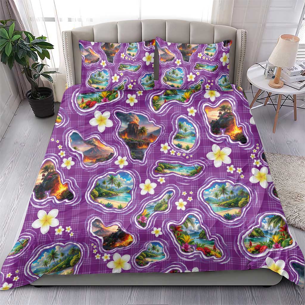 Hawaiian Island Shapes-Iconic Landscape Bedding Set with Plumeria and Palaka Purple Color