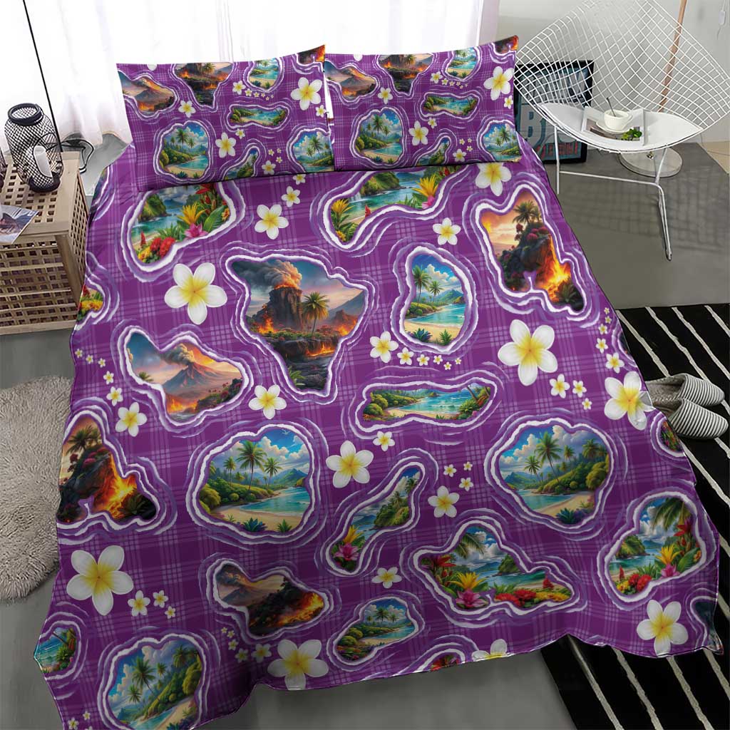 Hawaiian Island Shapes-Iconic Landscape Bedding Set with Plumeria and Palaka Purple Color