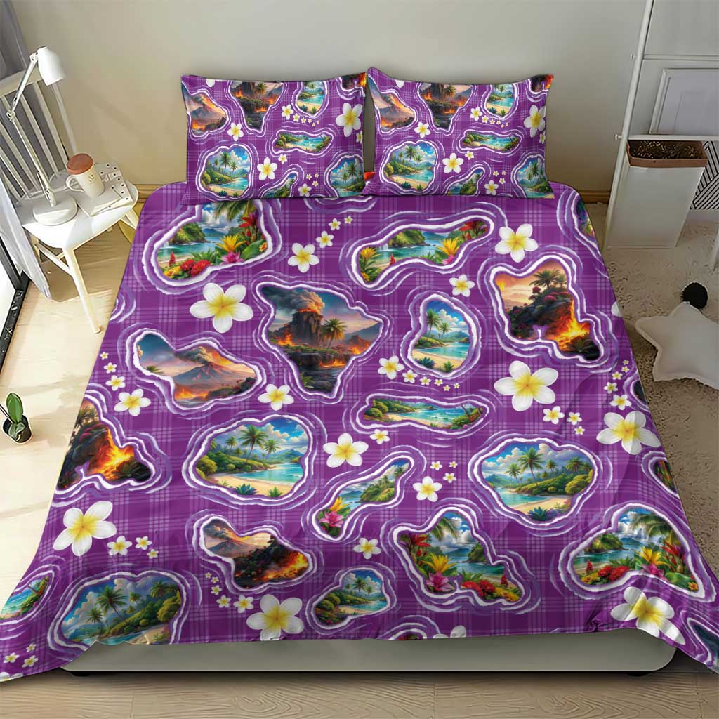 Hawaiian Island Shapes-Iconic Landscape Bedding Set with Plumeria and Palaka Purple Color