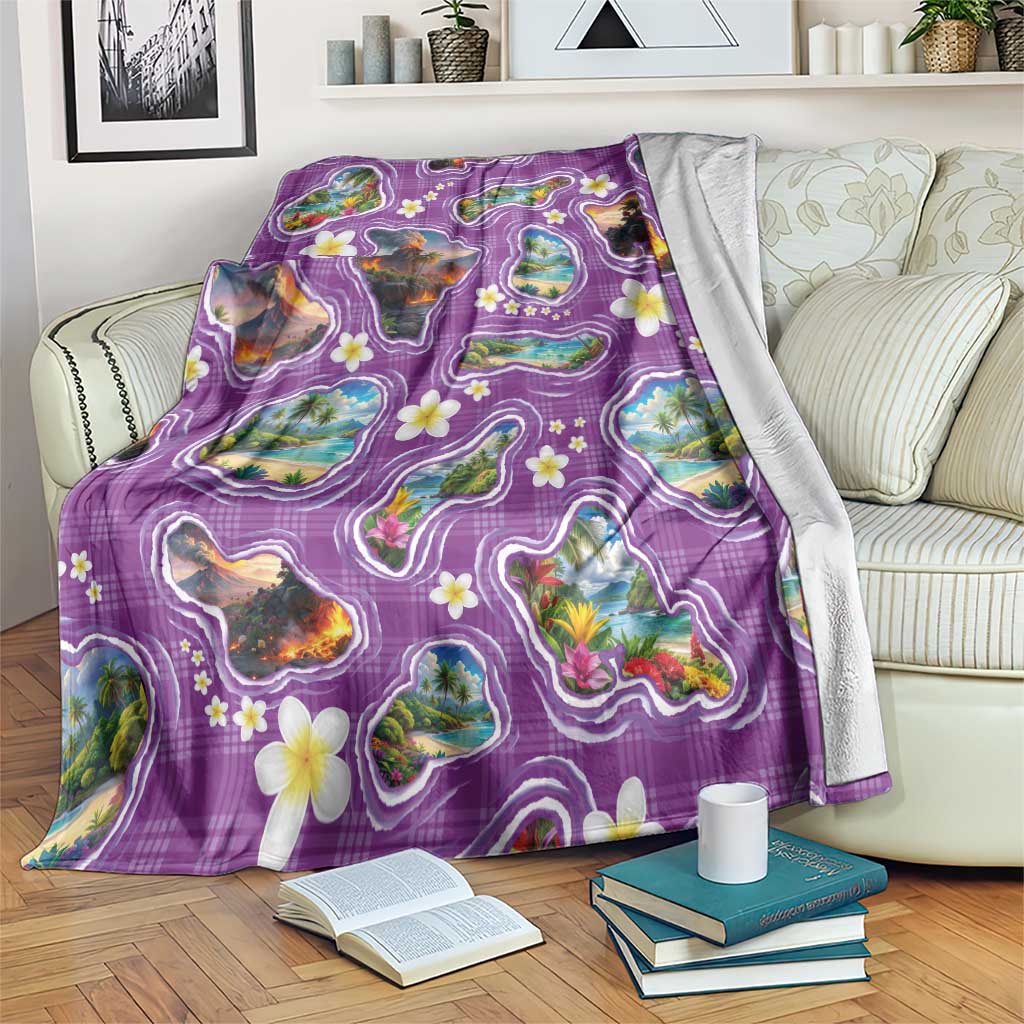 Hawaiian Island Shapes-Iconic Landscape Blanket with Plumeria and Palaka Purple Color