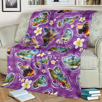 Hawaiian Island Shapes-Iconic Landscape Blanket with Plumeria and Palaka Purple Color