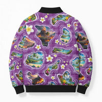 Hawaiian Island Shapes-Iconic Landscape Bomber Puffer Jacket with Plumeria and Palaka Purple Color