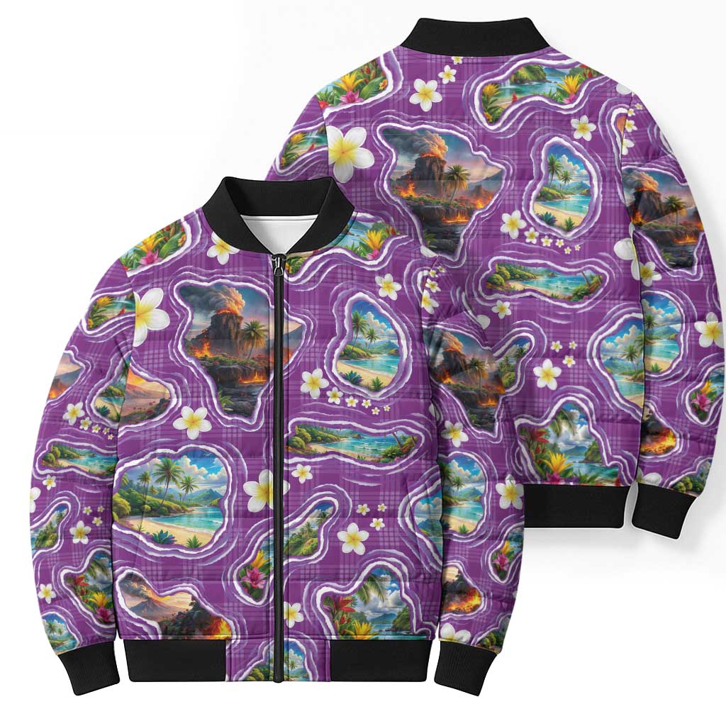 Hawaiian Island Shapes-Iconic Landscape Bomber Puffer Jacket with Plumeria and Palaka Purple Color