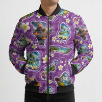 Hawaiian Island Shapes-Iconic Landscape Bomber Puffer Jacket with Plumeria and Palaka Purple Color