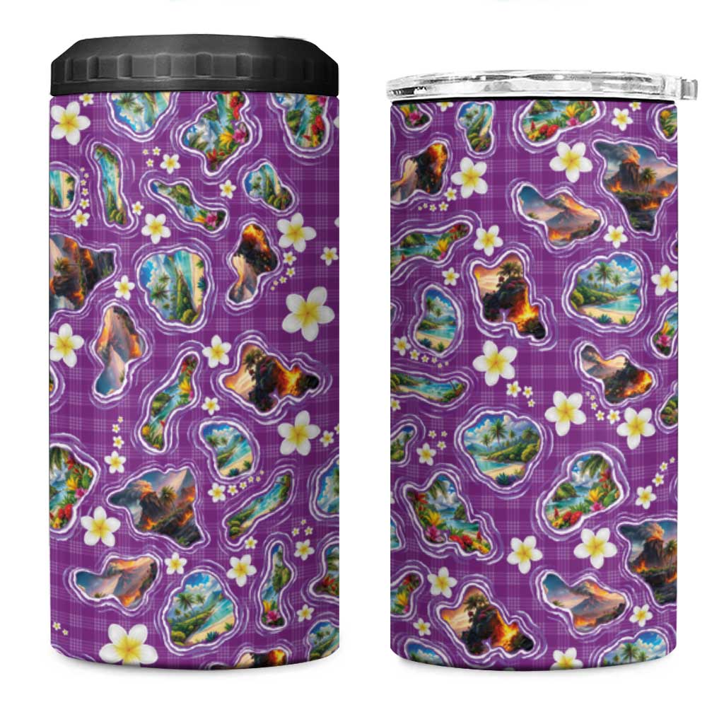 Hawaiian Island Shapes-Iconic Landscape 4 in 1 Can Cooler Tumbler with Plumeria and Palaka Purple Color