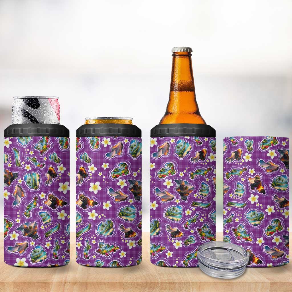 Hawaiian Island Shapes-Iconic Landscape 4 in 1 Can Cooler Tumbler with Plumeria and Palaka Purple Color